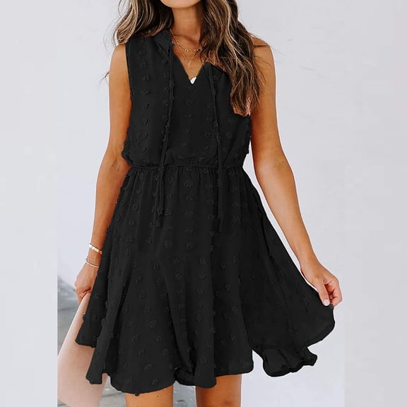 Babysbule Skirt for Women Plus Size Women Chiffon Pom V-Neck Solid Sleevless Drawstring Short Skirt Mini Dress