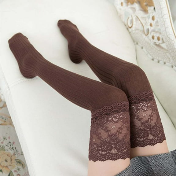 Babysbule Socks for Women Spring Autumn Women Solid Color Warm Lace Lengthened Over-The-Knee Socks Stockings