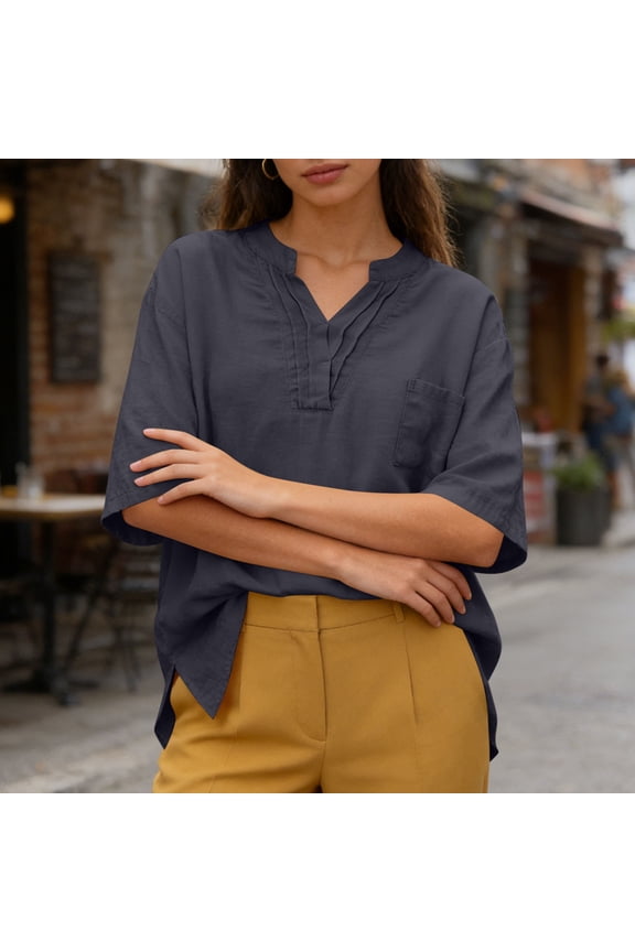 Split V-Neck Pleated Front Elbow Sleeve Blouse Women's Relaxed Fit Casual Commuter Everyday Top