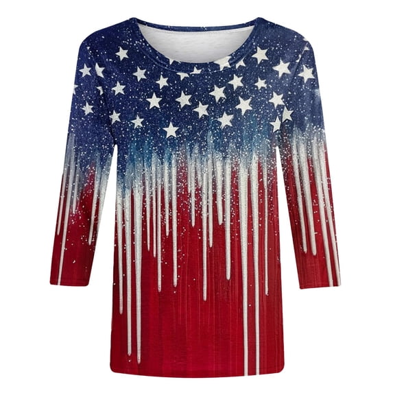 Babysbule Star Print Gradient Independence Day Crew Neck 3/4 Sleeve Casual T-Shirt Women's Relaxed Fit Top S-XXXXXL