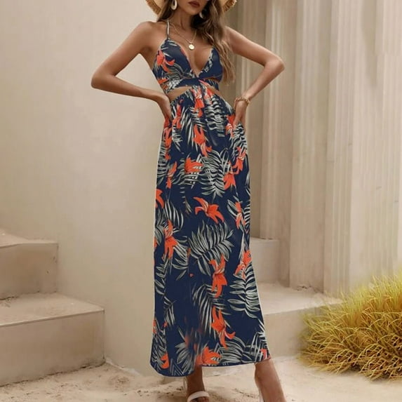 Babysbule Summer Dresses for Women Bohemian Beach Camis Sleeveless V-neck Halter Backless Elasty Long Dress