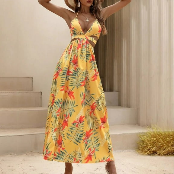 Babysbule Summer Dresses for Women Bohemian Beach Camis Sleeveless V-neck Halter Backless Elasty Long Dress