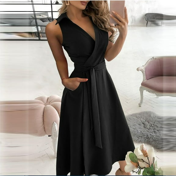 Babysbule Summer Dresses for Women Casual Loose Bandage Sleeveless Solid V-Neck Ankle-Length Dress
