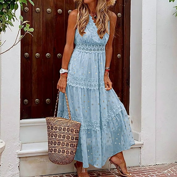 Babysbule Plus Size Women Dresses Fashion Women Summer Casual Print Sleeveless Lace Patchwork Vest Long Dress On Outfit