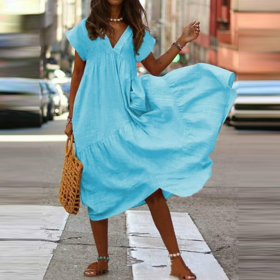 Babysbule Summer Dresses for Women Ladies Casual V-Neck Short Sleeve Solid High Waist Loose Irregular Dresses