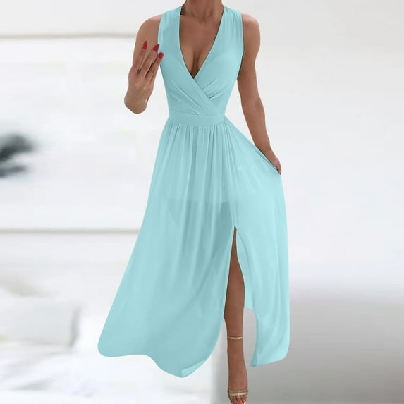 Babysbule Summer Dresses for Women Ladies Fashion Solid Color V-Neck Cross Split Long Sleeve Gown Dress Skirts Clothes