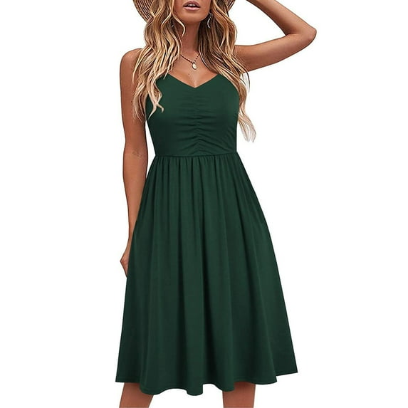 Babysbule Summer Dresses for Women Ladies Fashion Spring Seaside Sling Sleeveless V-Neck Solid Color Casual Dress