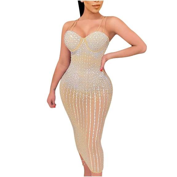 Babysbule Summer Dresses for Women Ladies Mesh Drill Diamond Inlaid Suspender Long V-neck Dress Skirts