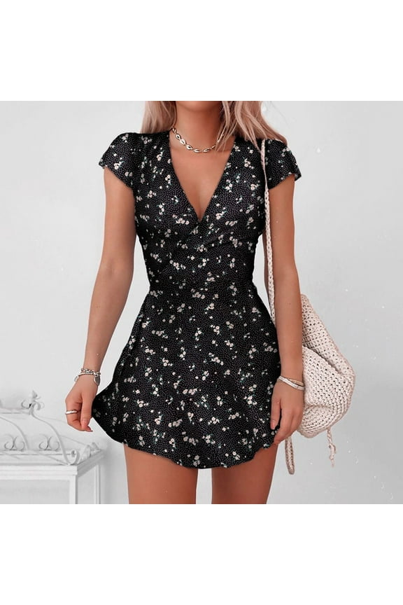 Summer Dresses for Women Ladies V-Neck Half Sleeve Floral Print Mini Dress Skirts