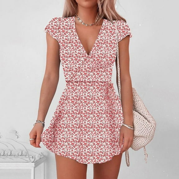 Babysbule Summer Dresses for Women Ladies V-Neck Half Sleeve Floral Print Mini Dress Skirts