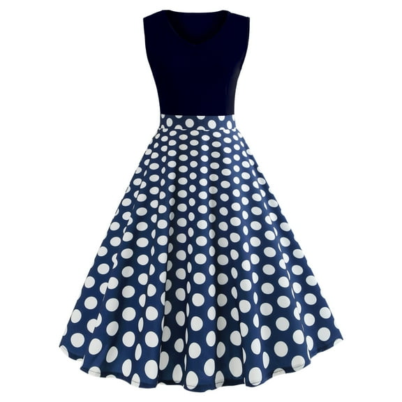 Babysbule Summer Dresses for Women Ladies V-Neck Panel Sleeveless Vintage Polka Dots Cotton Print Dress