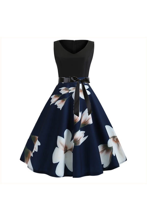 Summer Dresses for Women Ladies Fashion Floral Vintage Print V-Neck Sleeveless Swing Skirts Clothes