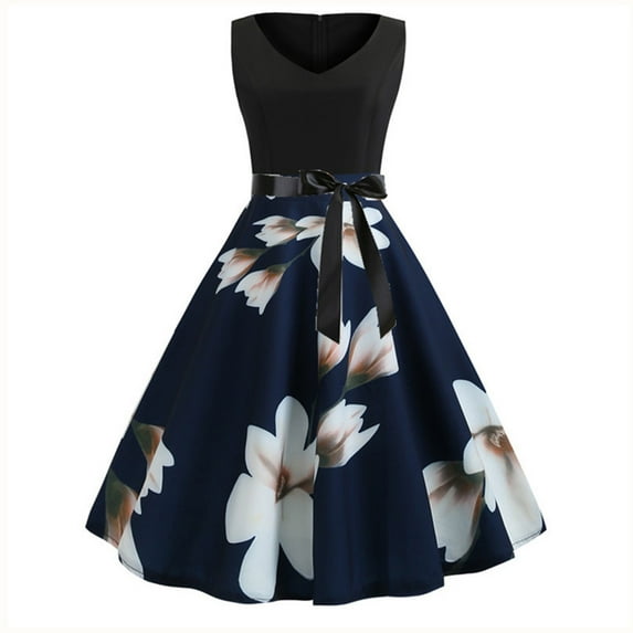 Babysbule Summer Dresses for Women Sexy Ladies Fashion Floral Vintage Print V-Neck Sleeveless Swing Skirts Deals