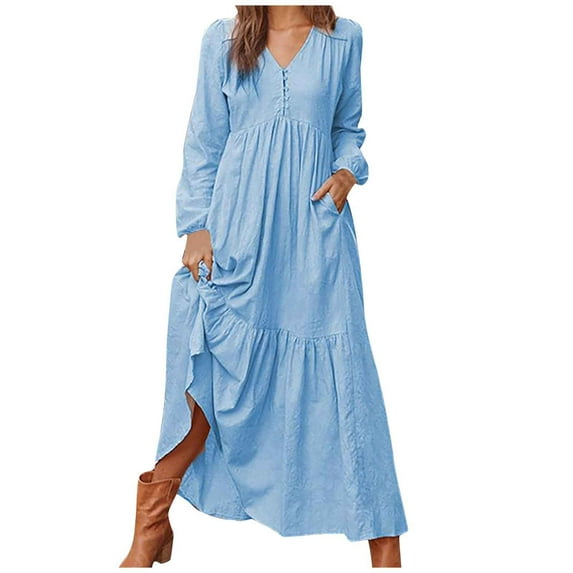Babysbule Summer Women Dresses Autumn And Winter Women's Button Cotton Retro Casual Long Sleeve Dress
