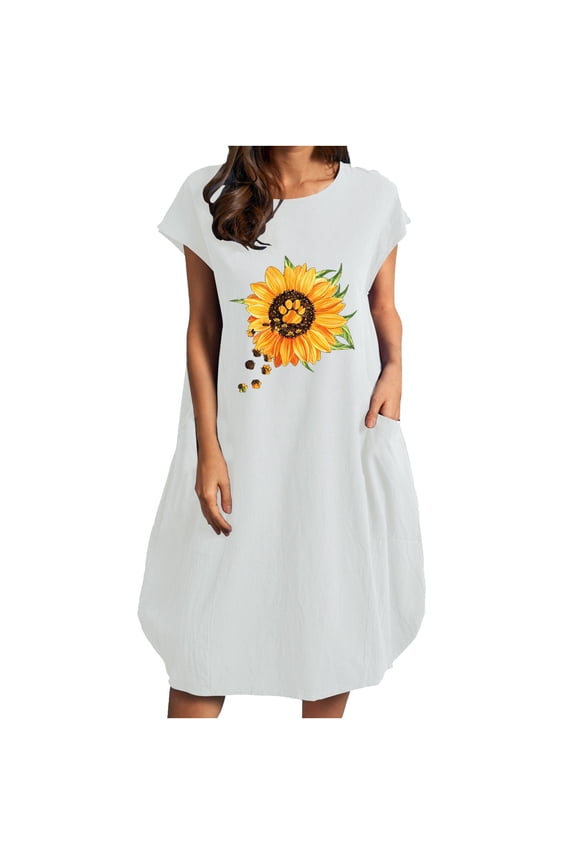 Summer Women Dresses Fashion Women Casual O- Neck Sunflower Print Plus Size Pocke