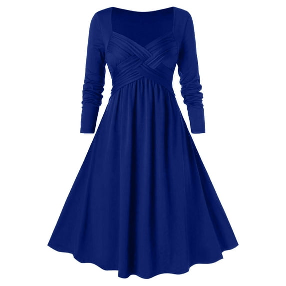 Babysbule Summer Women Dresses Women Solid Color Dress For Women Casual Long Sleeves Dresses V-neck Gothic Retro Dark Midi Dress