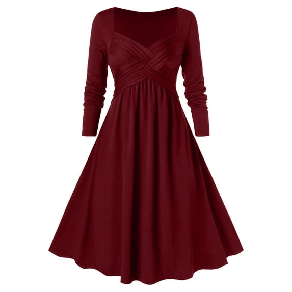 Babysbule Summer Women Dresses Women Solid Color Dress For Women Casual Long Sleeves Dresses V-neck Gothic Retro Dark Midi Dress