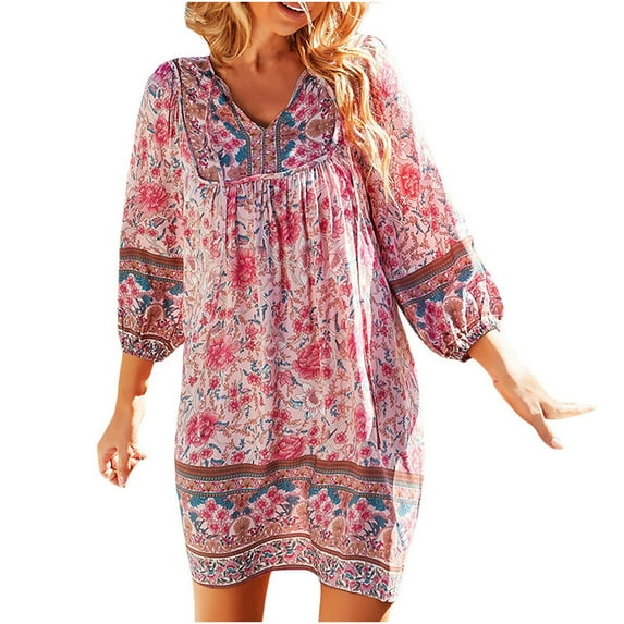 Babysbule Summer Women Dresses Women's Fashion Bohemian V-neck Loose 3/4 Sleeve Print Mini Length Dress