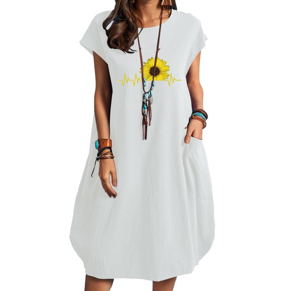 Babysbule Summer Women Dresses Fashion Women Casual O-Neck Radio Wave Sunflower Print Plus Size Pocke