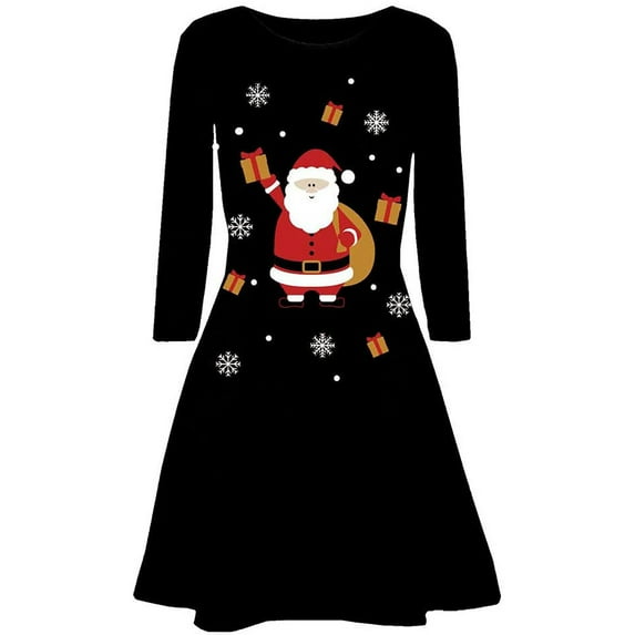 Babysbule Summer Women Dresses Women Christmas Printed Long Sleeve Evening Prom Costume Swing Dress