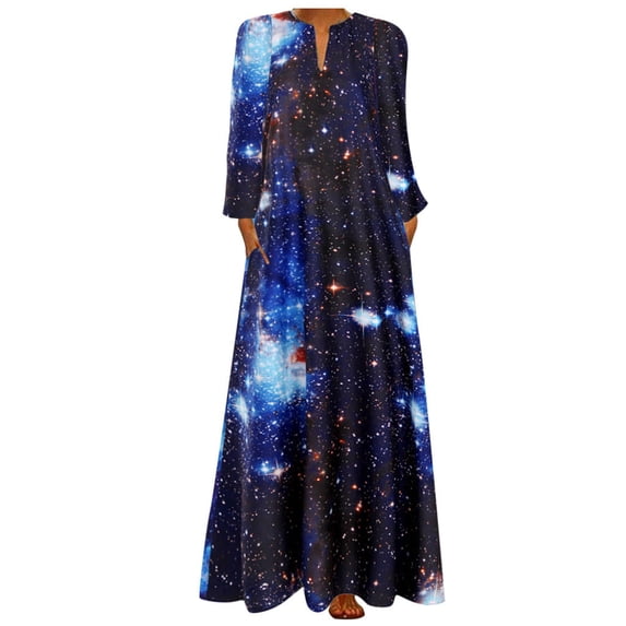 Babysbule Summer Women Dresses Women Plus Size Print Daily Casual LongSleeve Vintage Bohemian V Neck Maxi Dress