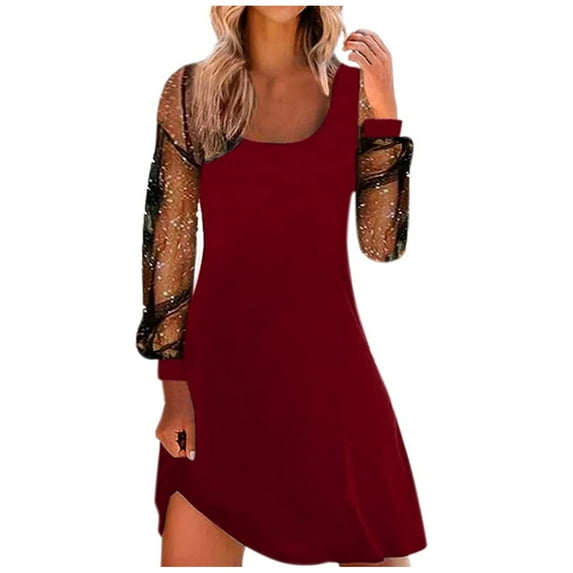 Babysbule Summer Women Dresses Women Long Sleeve Lace Stitching Square Neck Slim Above Knee Elegant Ladies Little Black Party Club Dress