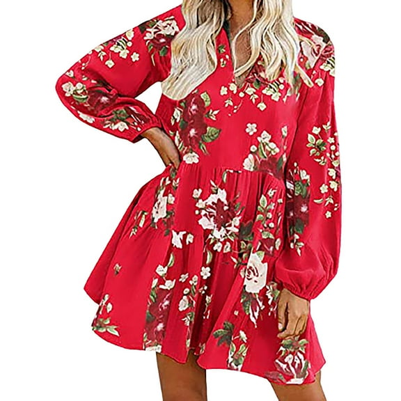 Babysbule Summer Women Dresses Women Summer Casual Dress V-Neck Floral Print Long Sleeve Knee-Length Dress