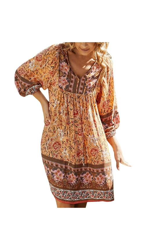 Summer Women Dresses Women's Fashion Bohemian V-neck Loose 3/4 Sleeve Print Mini Length Dress