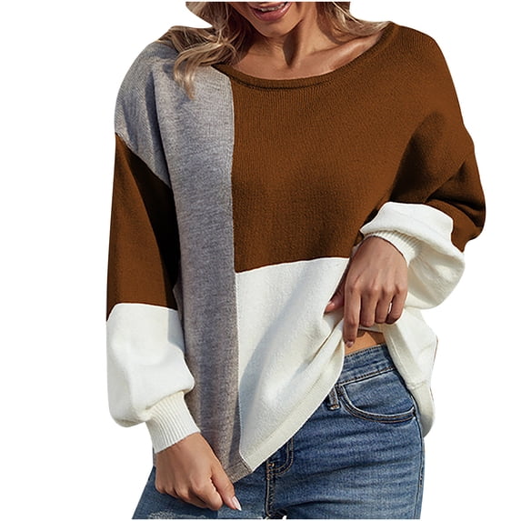 Babysbule Sweaters for Women Clearance Women Casual Fashion Color Matching Pullover Long Sleeve Round-Neck Sweater