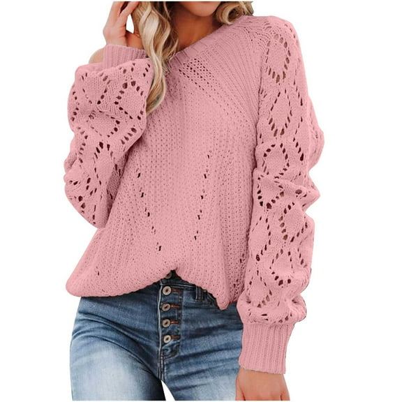 Babysbule Sweaters for Women Women Casual Loose Fit Fashion Solid Hollow Out Pullover Long Sleeve Round-Neck Sweater