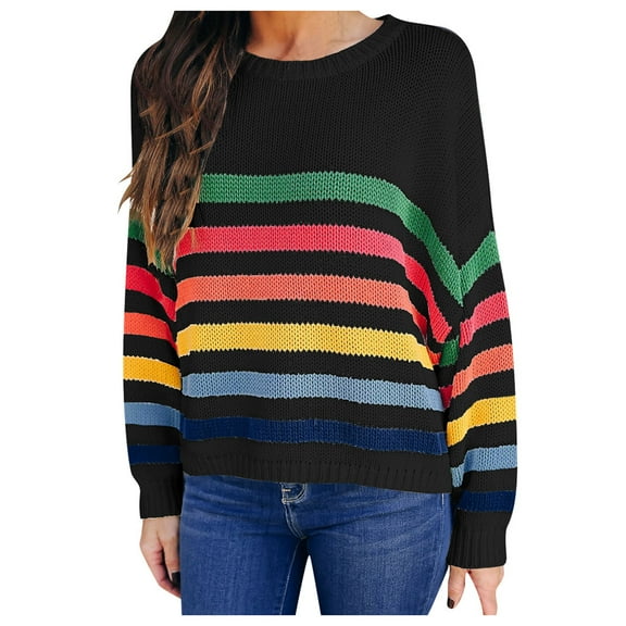 Babysbule Sweaters for Women Women's Color Block Sweater Cable Knit Rainbow Striped Long Sleeve Blouse