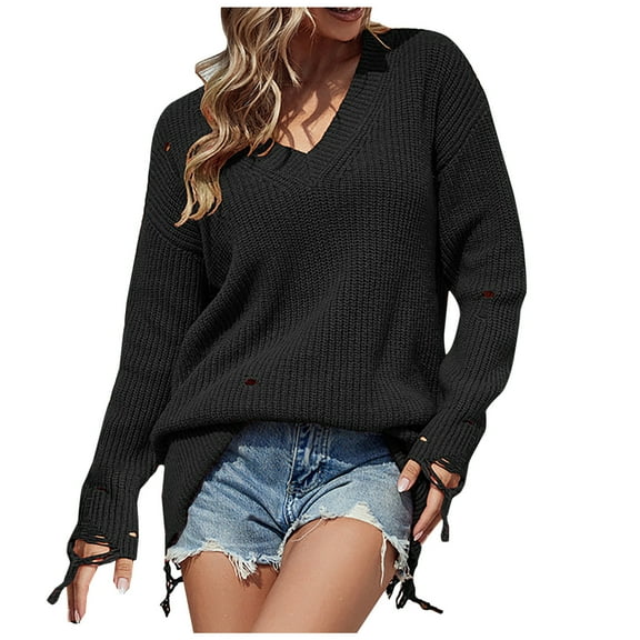 Babysbule Sweaters for Women Fashion Women Solid Long Sleeve Pullove Hollow Out V-Neck Casual Sweater Tops