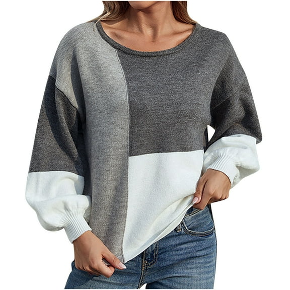 Babysbule Sweaters for Women Women Casual Fashion Color Matching Pullover Long Sleeve Round-Neck Sweater