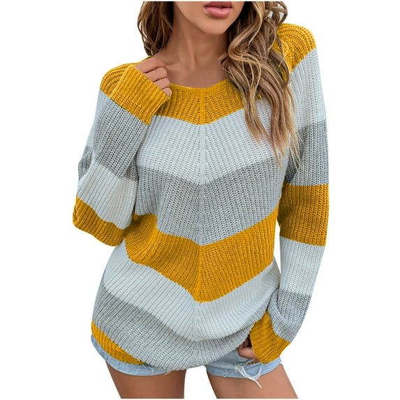 Babysbule Sweaters for Women Women Casual Fashion Color Matching Pullover Long Sleeve Round-Neck Sweater
