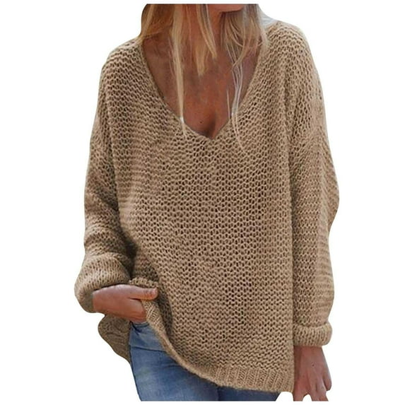 Babysbule Sweaters for Women Women Fashion V-Neck Loose Pullover Solid Color Long Sleeves Sweater Tops