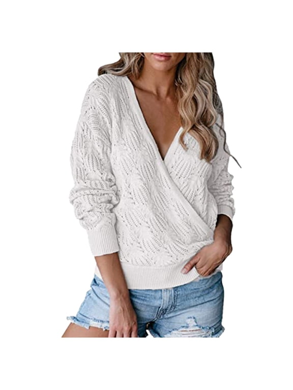Sweaters for Women Women's Deep V-neck Wrap Sweater Long-Sleeved Crochet Pullover