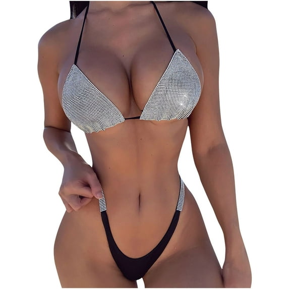 Babysbule Swimsuits for Women Women Solid Color Rhinestone Backless Bikini Two Pieces Swimwear Swimsuit Beachwear Set