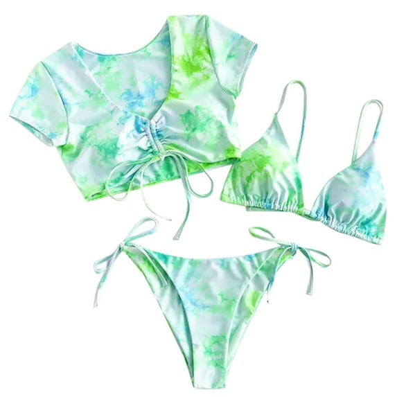 Babysbule Swimsuits for Women Clearance Women's Bikini Print Set Swimsuit Three Piece Filled Bra Swimwear Beachwear