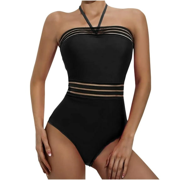 Babysbule Swimsuits for Women Clearance Women's Swimwear Solid Patchwork Halter Neck Mesh Hollow Out Beachwear Bikini One-Piece Swimsuit