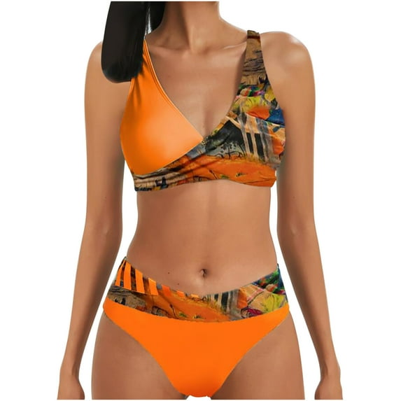 Babysbule Swimsuits for Women Ladies Vacation Beach Split Print Stitching Swimsuit Bikini Swimsuit