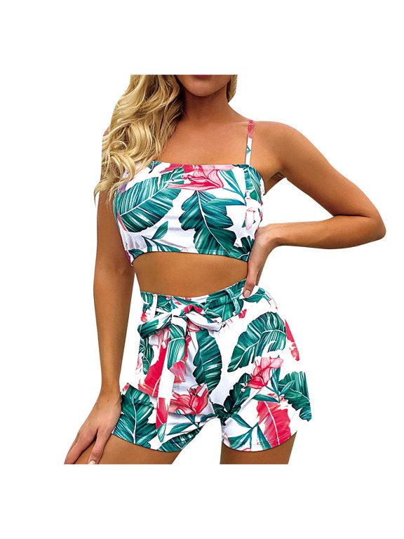 Swimsuits for Women Women Tropical Plant Print Split Swimsuit Pattern Beach Bikini Set