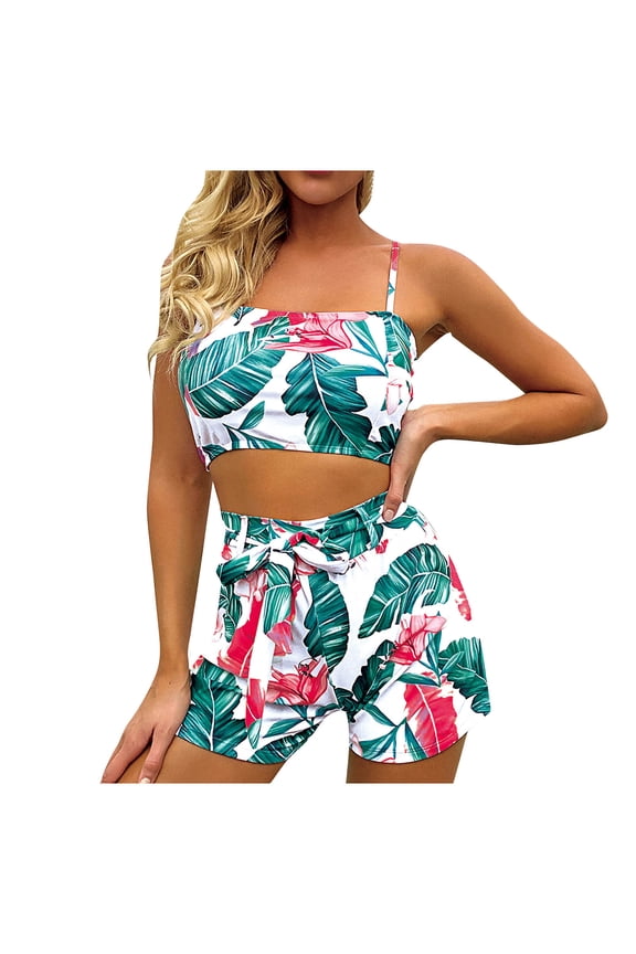 Swimsuits for Women Women Tropical Plant Print Split Swimsuit Pattern Beach Bikini Set