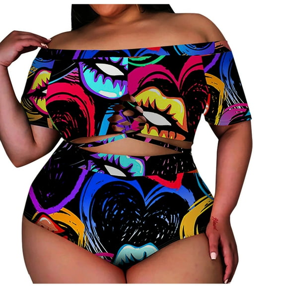Babysbule Swimsuits for Women Women's Large Size Push-Up Padded Plus Size Overlay Print Bikini Tankinis Swimsuit