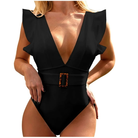Babysbule Swimsuits for Women Women's Solid Color Ruffled Backless Chest Pad Swimsuit Beachwear Set