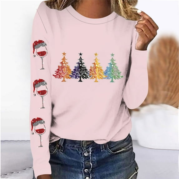 Babysbule Tops for Women Christmas Tree Women Casual Long Sleeve O-neck Sweatshirt Pullover Blouse