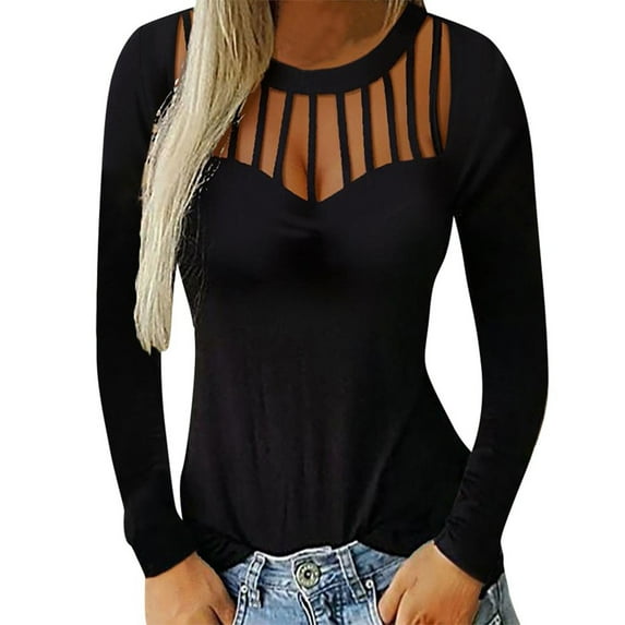 Babysbule Tops for Women Clearance Fashion Women Solid Hollow Out Long Sleeve Breathable O-Neck Shirt Tops