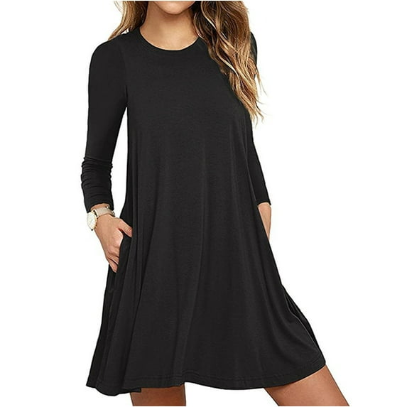 Babysbule Tops for Women Clearance Ladies Fashion Casual Long Sleeve Pure Color Loose T-shirt Dress with Pockets