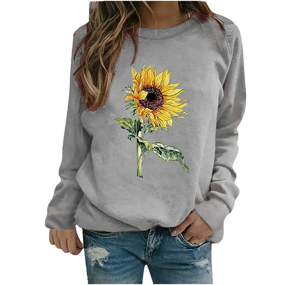 Babysbule Tops for Women Winter Womens Casual Tops Ladies Sunflower Print Sweatshirt Blouse Tee Sweater