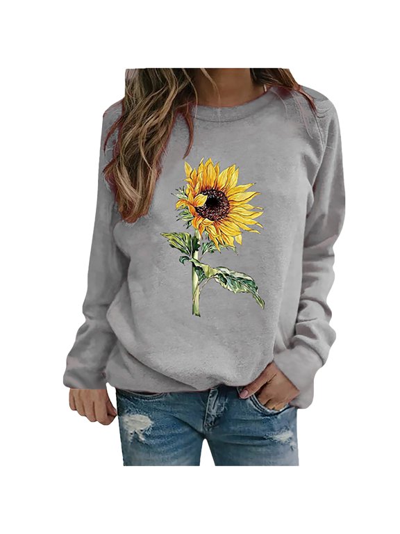 Tops for Women Winter Womens Casual Tops Ladies Sunflower Print Sweatshirt Blouse Tee Sweater