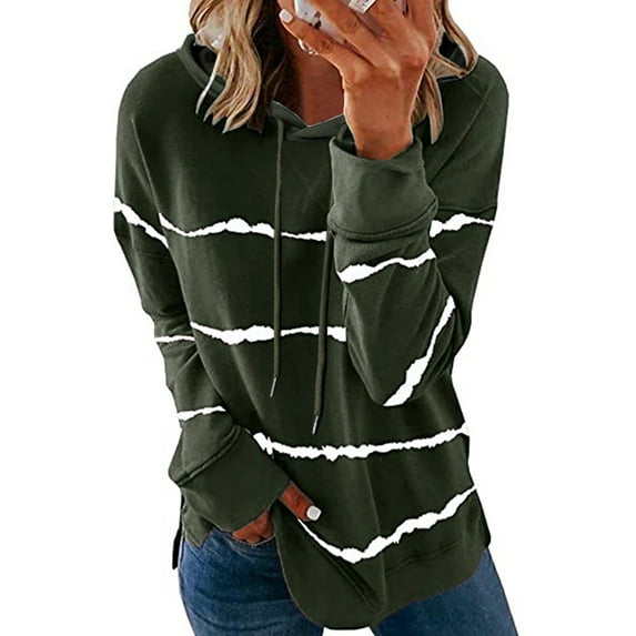Babysbule Tops for Women Women's Stylish Casual Stripe Print Hooded Long Sleeve Loose T Shirt Tops